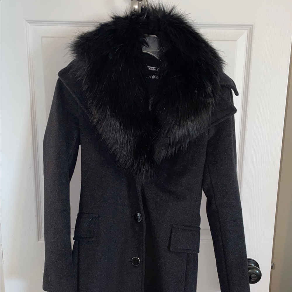 Calvin Klein Charcoal Pea Coat with Faux Fur Trim